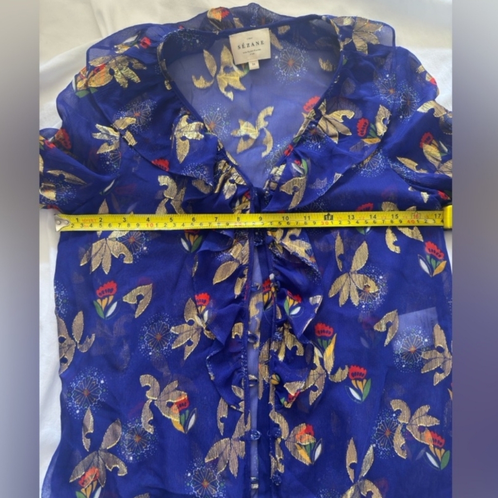 SÉZANE PRISCILLE Ruffle Neck Silk Electric Blue Floral Lurex Blouse 34 NWOT - Picture 10 of 14